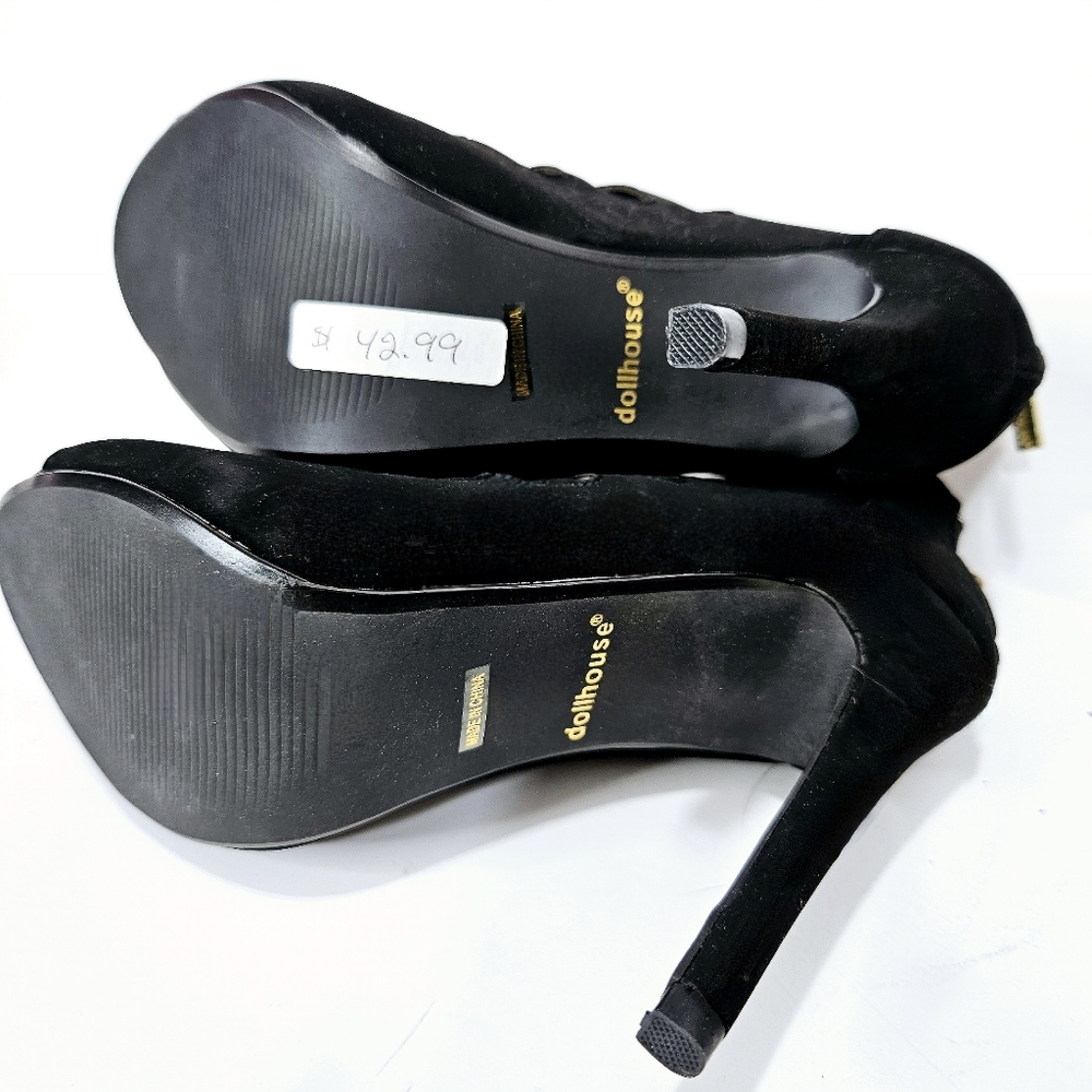 DOLLHOUSE Black Velvet Stiletto Heels, Peeptoe, Zipper Back Sz 8 - Picture 4 of 6
